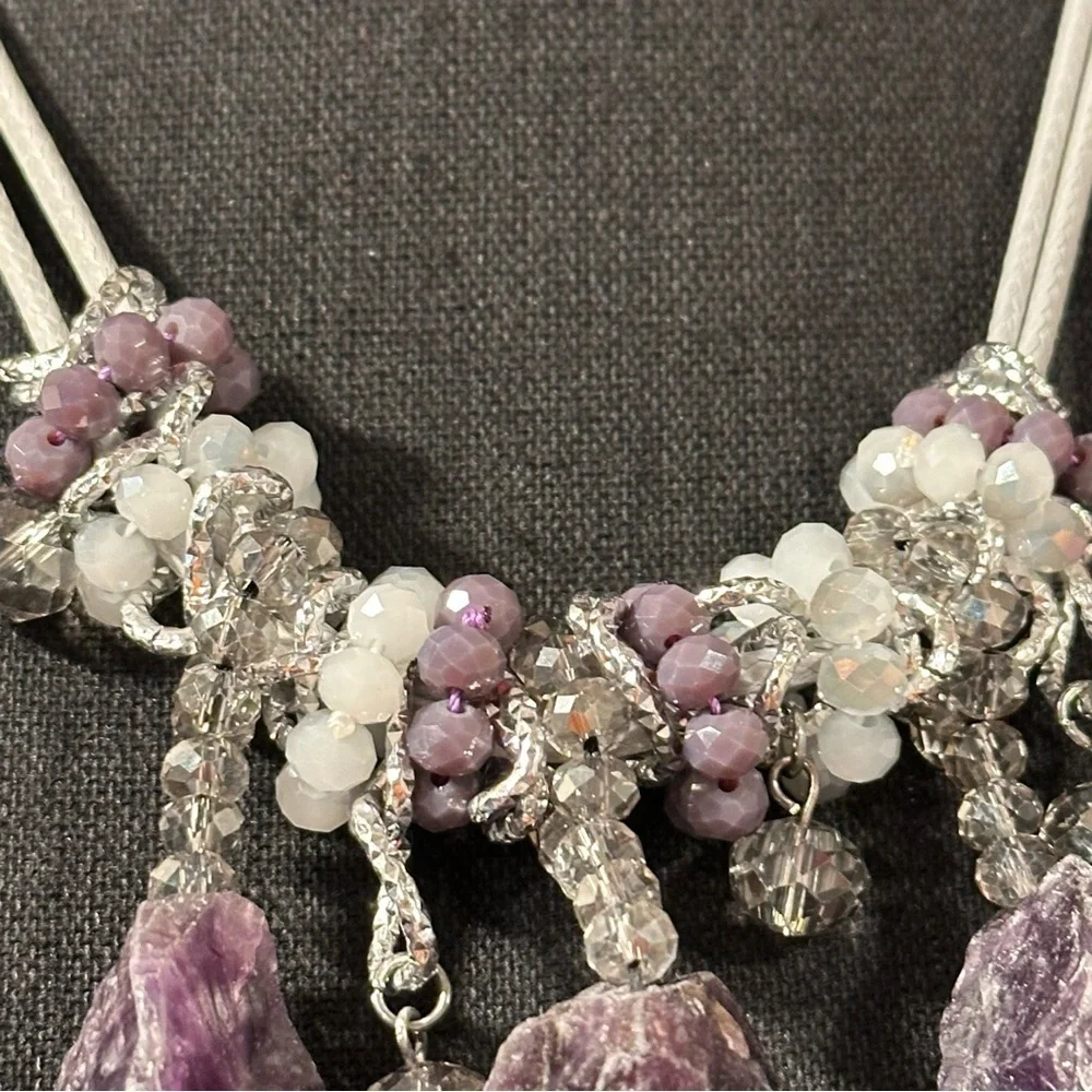 Chunky Raw Amethyst Necklace Three Large Pendants & Crystal Glass Round Beads